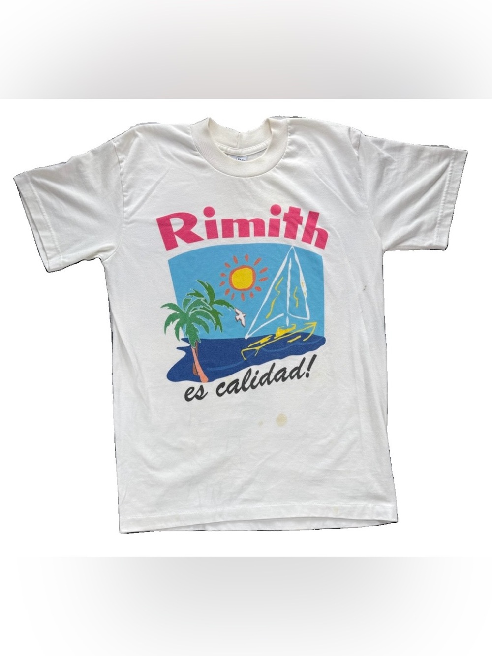 Vintage Rimith Beach Ocean T Shirt Men's Small White Galapago Y2K Mexico Boat